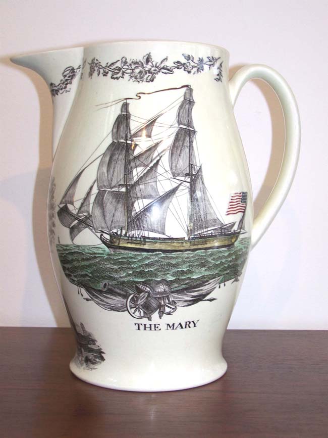 An Historically Important English Creamware Enamel Decorated and Black Transfer Printed Liverpool Pitcher circa 1803.